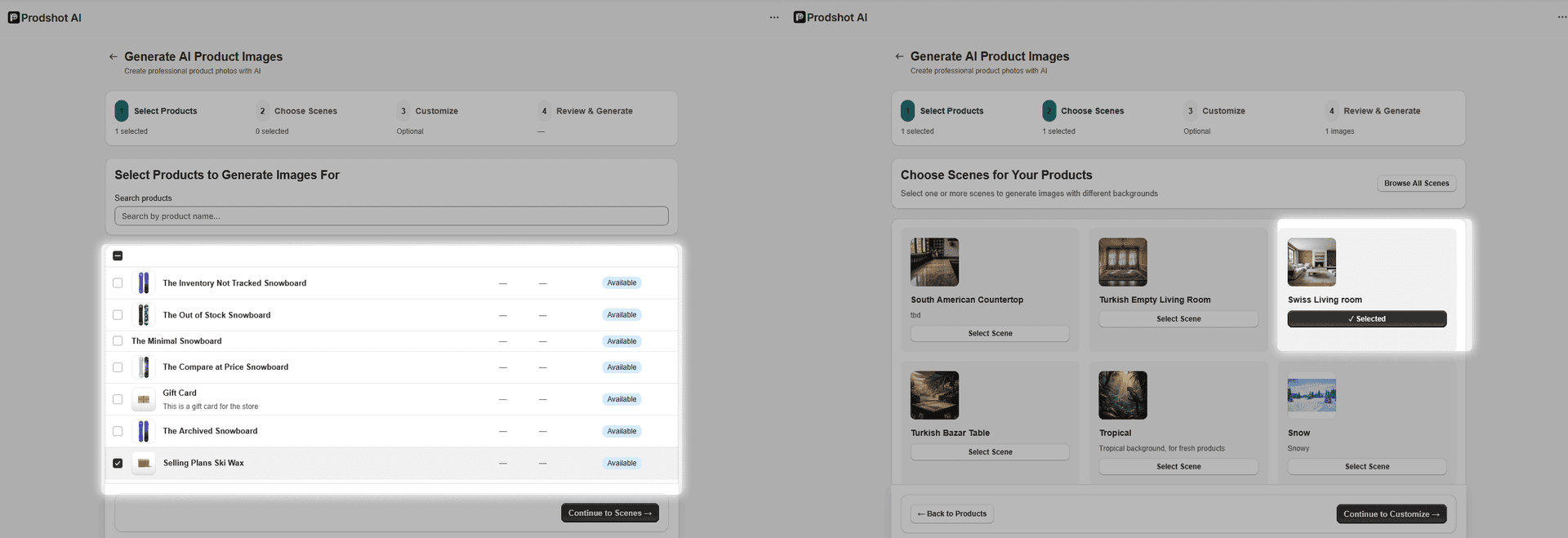 Product selection and scene chooser interface