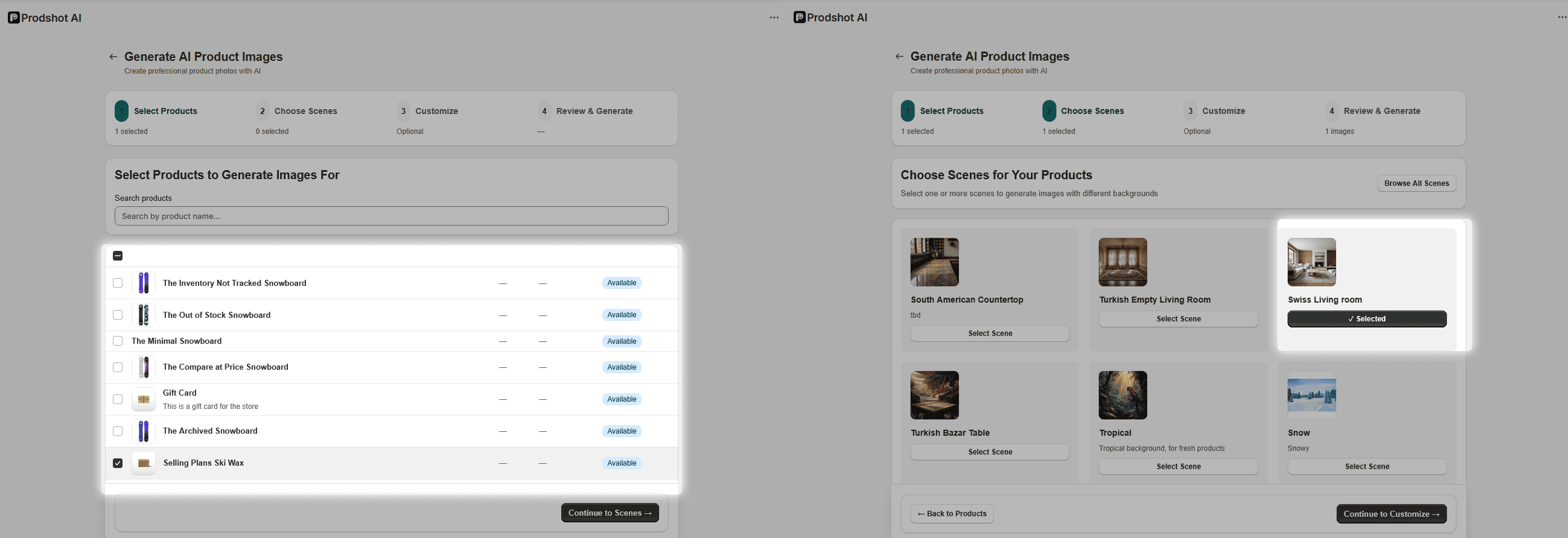 Product selection and scene chooser interface