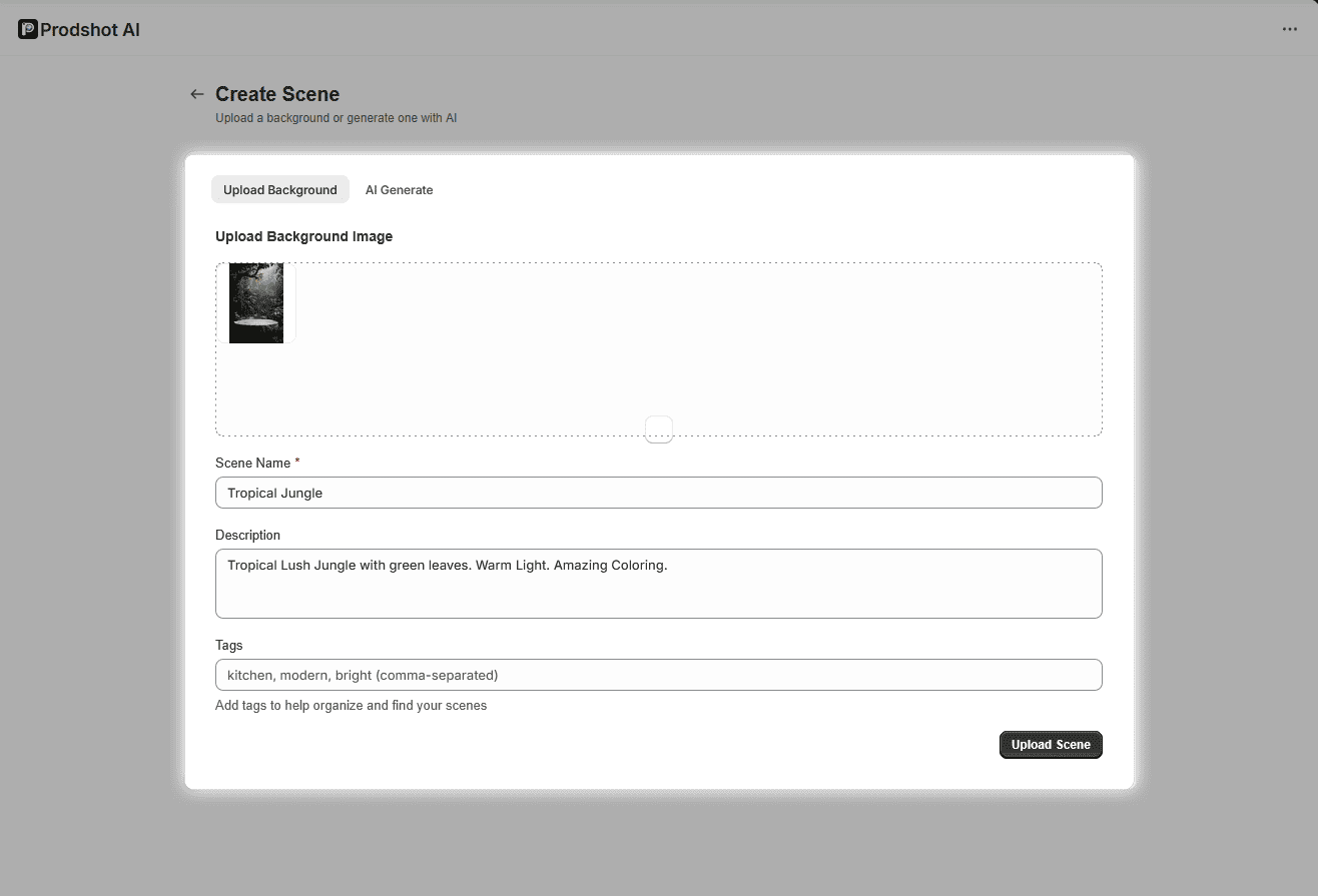 Custom scene builder interface showing background upload and AI prompt options